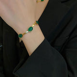 Gold-Plated Oval Green Crystal Necklace & Bracelet Set for Women – Elegant Casual Jewelry