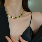 Gold-Plated Oval Green Crystal Necklace & Bracelet Set for Women – Elegant Casual Jewelry
