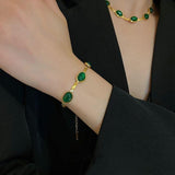 Gold-Plated Oval Green Crystal Necklace & Bracelet Set for Women – Elegant Casual Jewelry
